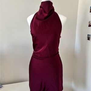 Burgundy high neck satin dress